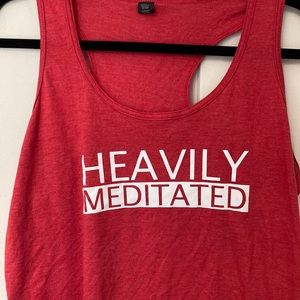 “Heavily Meditated” screen print racerback tank women’s size large. EUC.